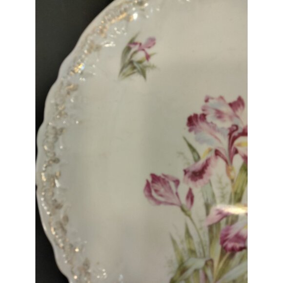 Antique Weimar Floral Porcelain Plate Germany Pink Irises Gold Scalloped 12 Inc - Picture 4 of 9